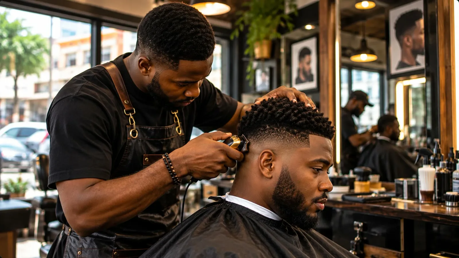Barber in a leather apron shaping a client's fade with clippers inside a busy barbershop with mirrors and framed haircut portraits.