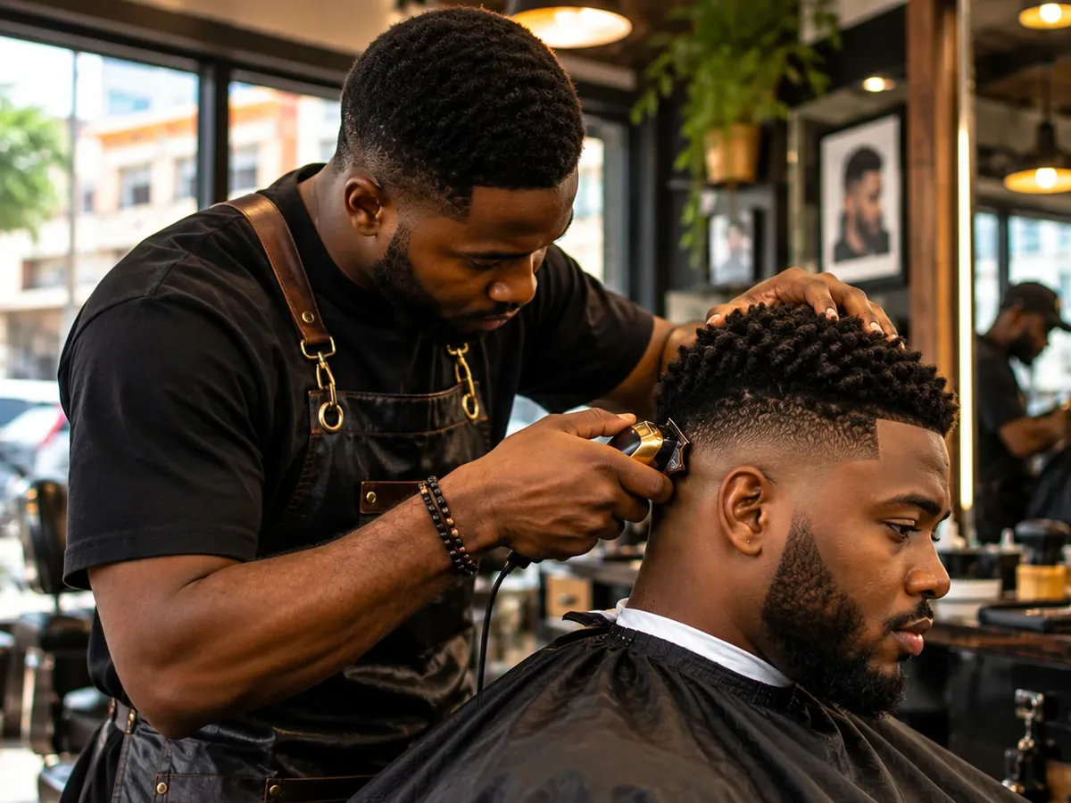 Barber in a leather apron shaping a client's fade with clippers inside a busy barbershop with mirrors and framed haircut portraits.