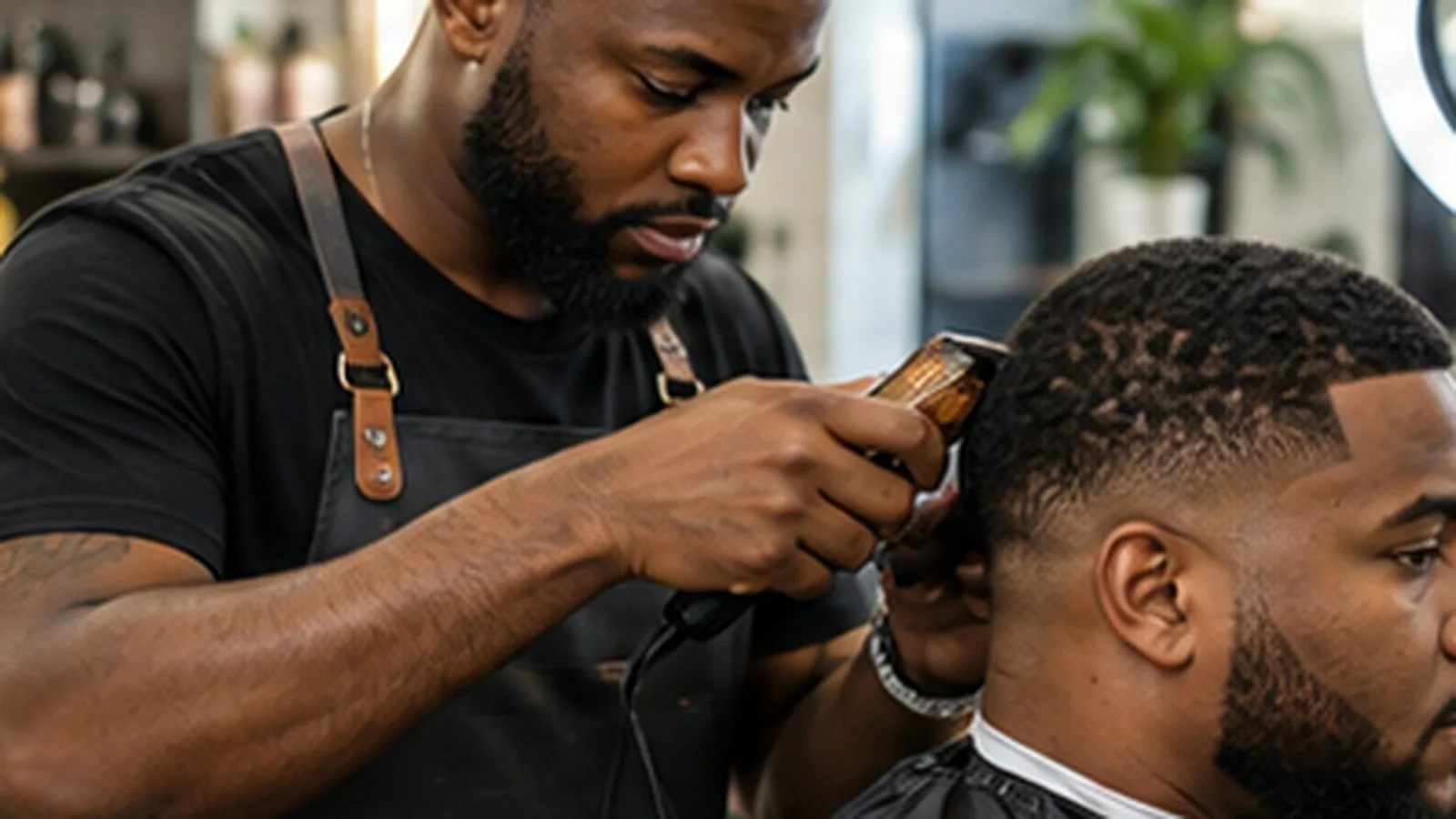 Barber in a leather apron concentrating as he trims a client's hair with clippers in a barbershop.