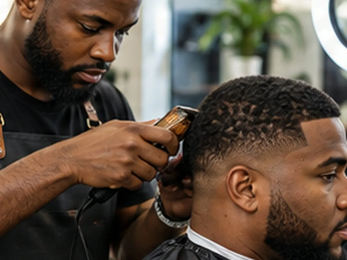 Barber in a leather apron concentrating as he trims a client's hair with clippers in a barbershop.