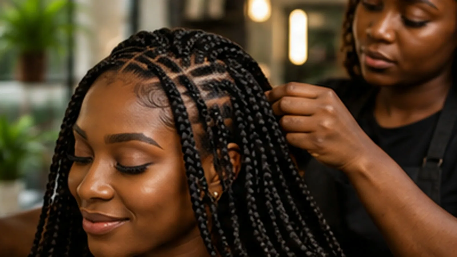 Hair stylist installing neat box braids on a smiling client inside a bright salon.