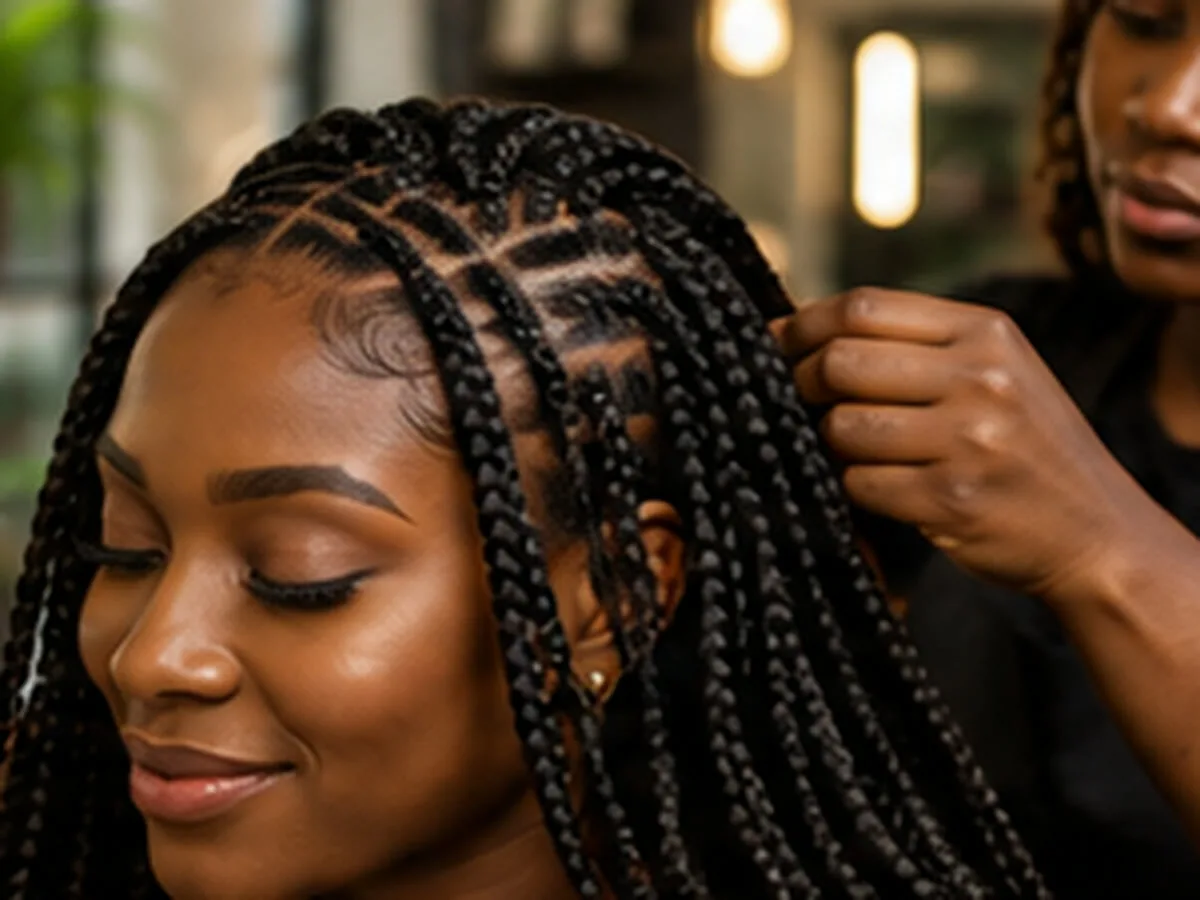 Hair stylist installing neat box braids on a smiling client inside a bright salon.