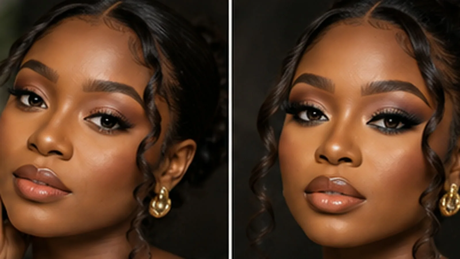 Side-by-side close-ups of a woman wearing a soft glam makeup look on the left and a fuller glam look on the right.