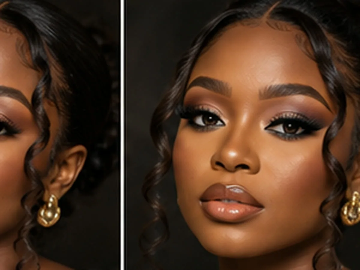 Side-by-side close-ups of a woman wearing a soft glam makeup look on the left and a fuller glam look on the right.