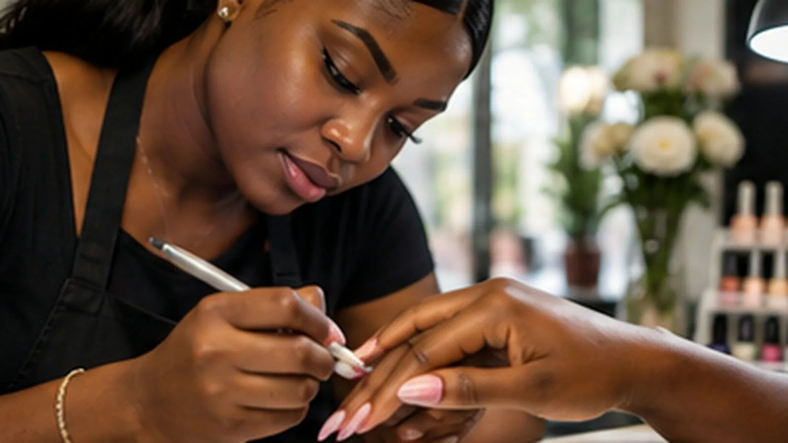 Nail technician in a black apron carefully painting a design on a client's pink almond-shaped nails in a salon.