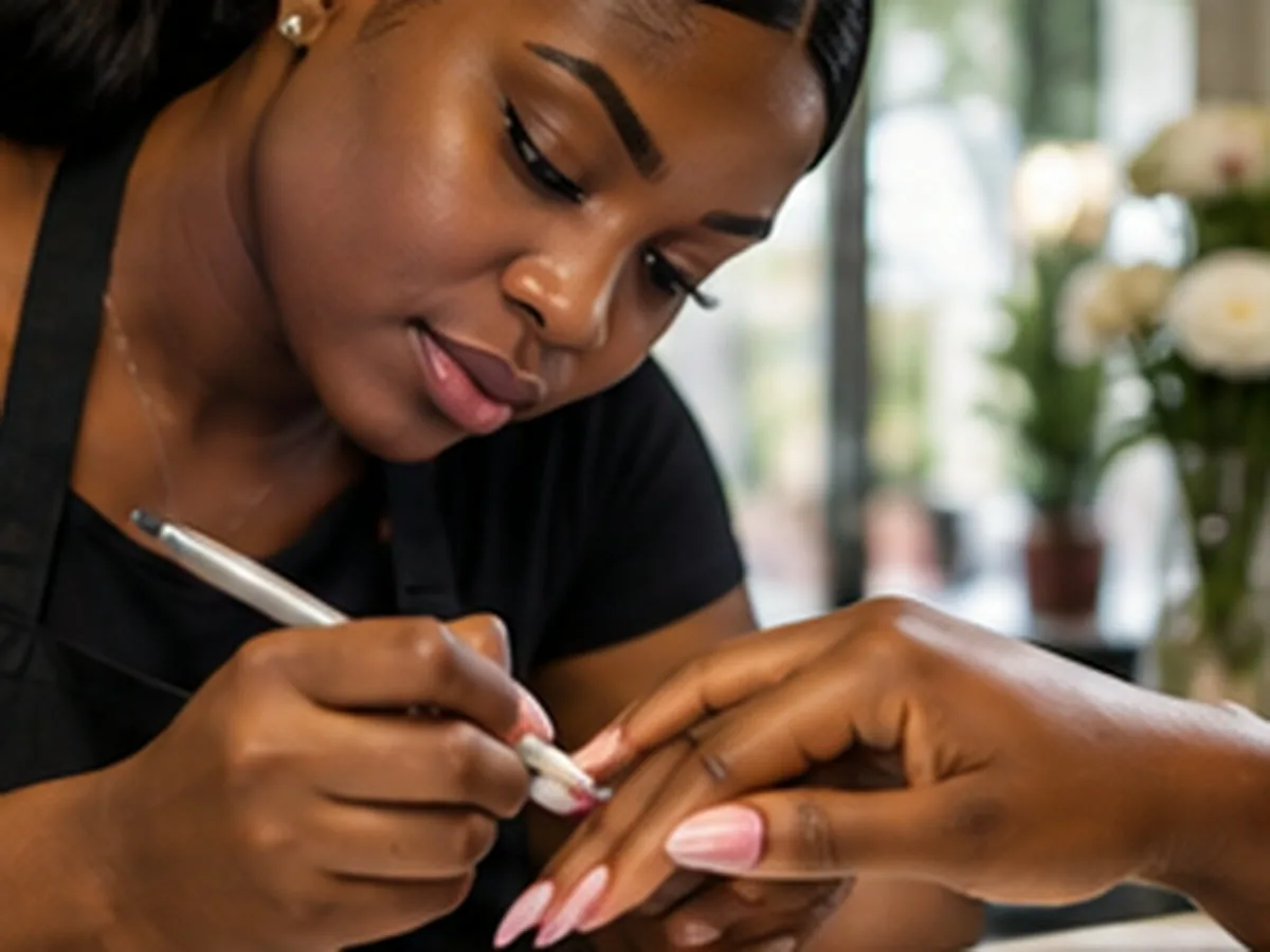 Nail technician in a black apron carefully painting a design on a client's pink almond-shaped nails in a salon.