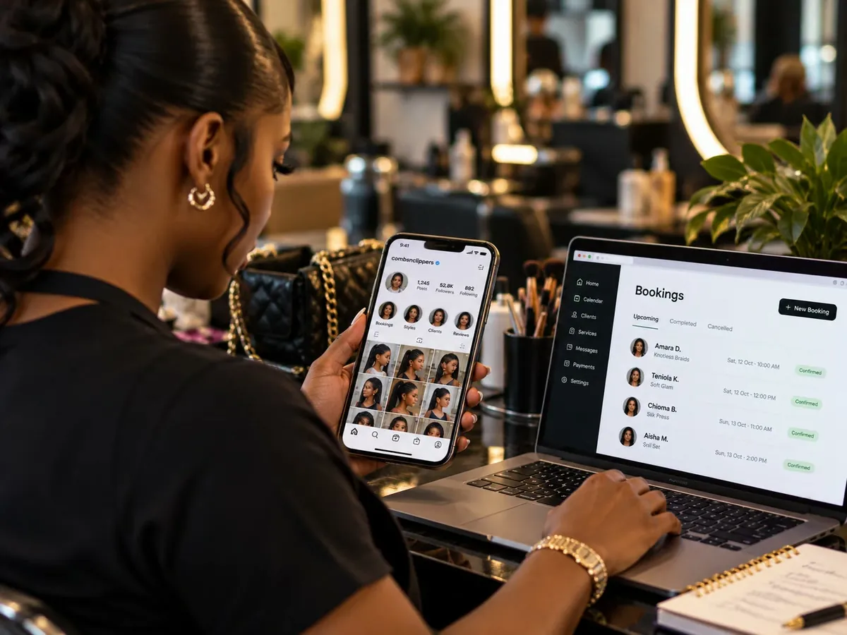 Hair stylist looking at a social media profile on her phone while a bookings dashboard with upcoming appointments is open on her laptop.
