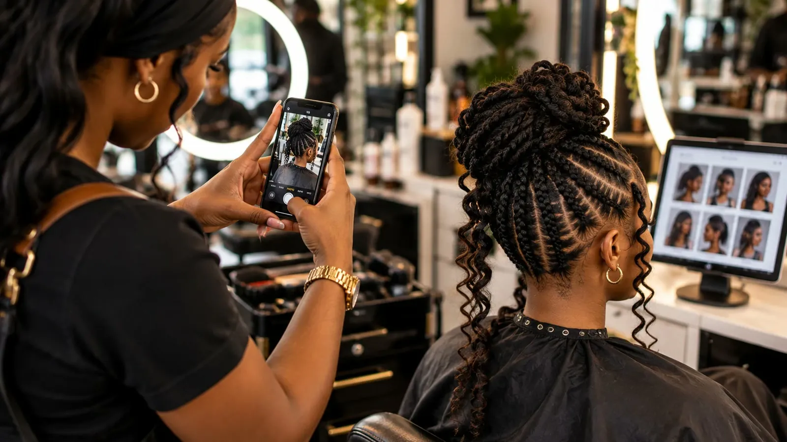 Hair stylist photographing a client's braided updo with her phone while a monitor behind shows a grid of portfolio photos.