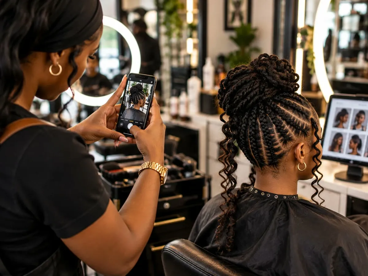 Hair stylist photographing a client's braided updo with her phone while a monitor behind shows a grid of portfolio photos.