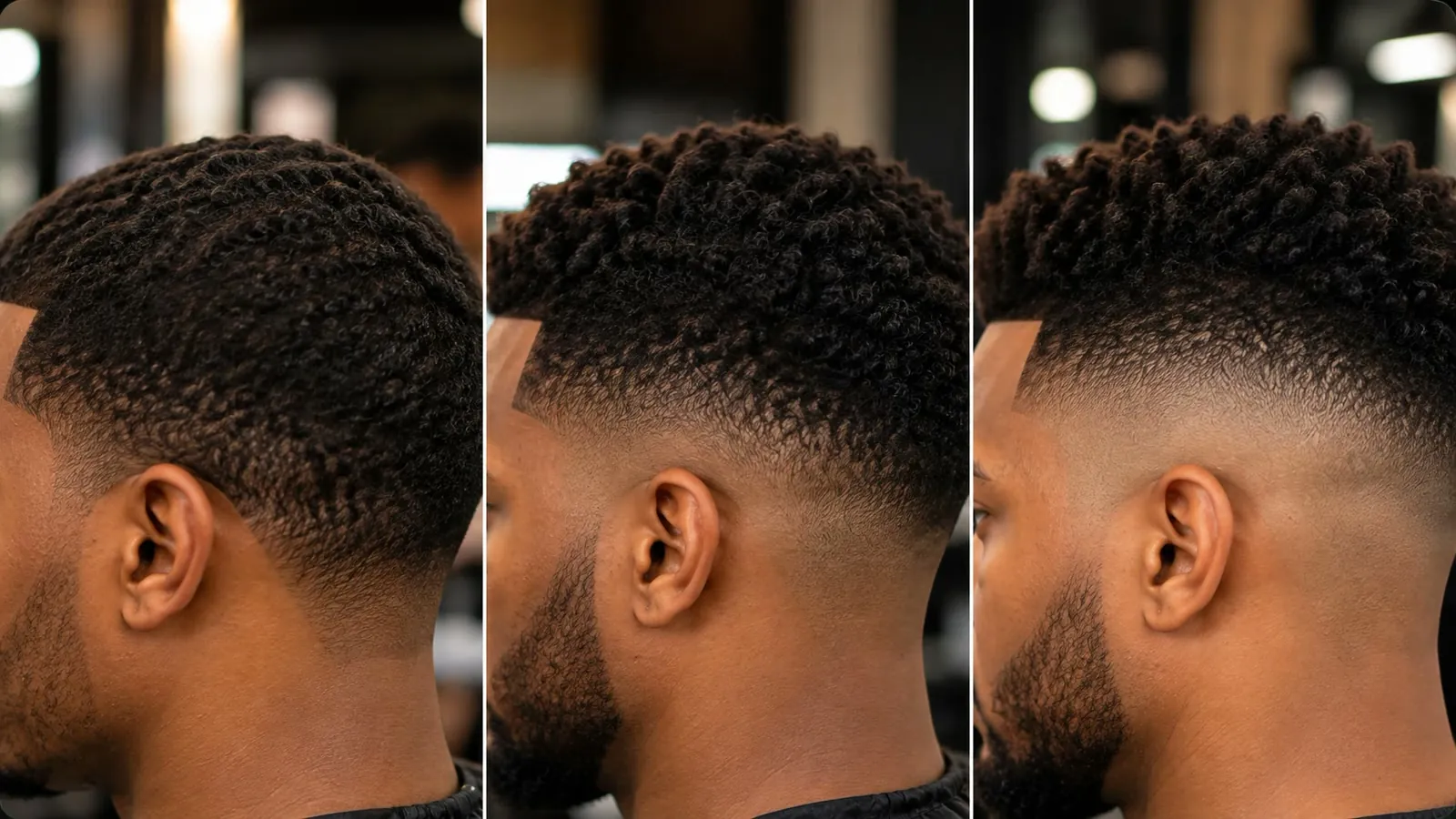Three close-up views of the back of a client's head showing a taper, a mid fade and a high fade.