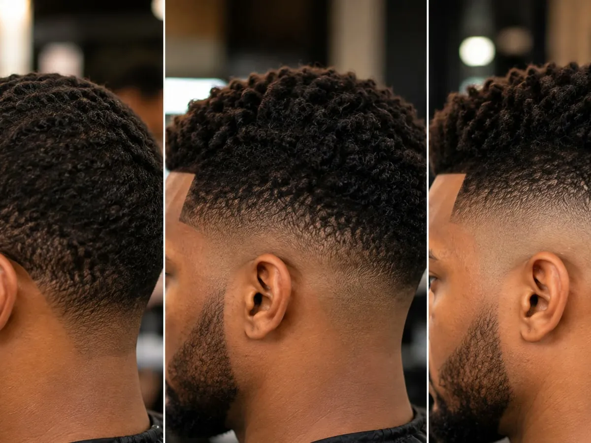Three close-up views of the back of a client's head showing a taper, a mid fade and a high fade.