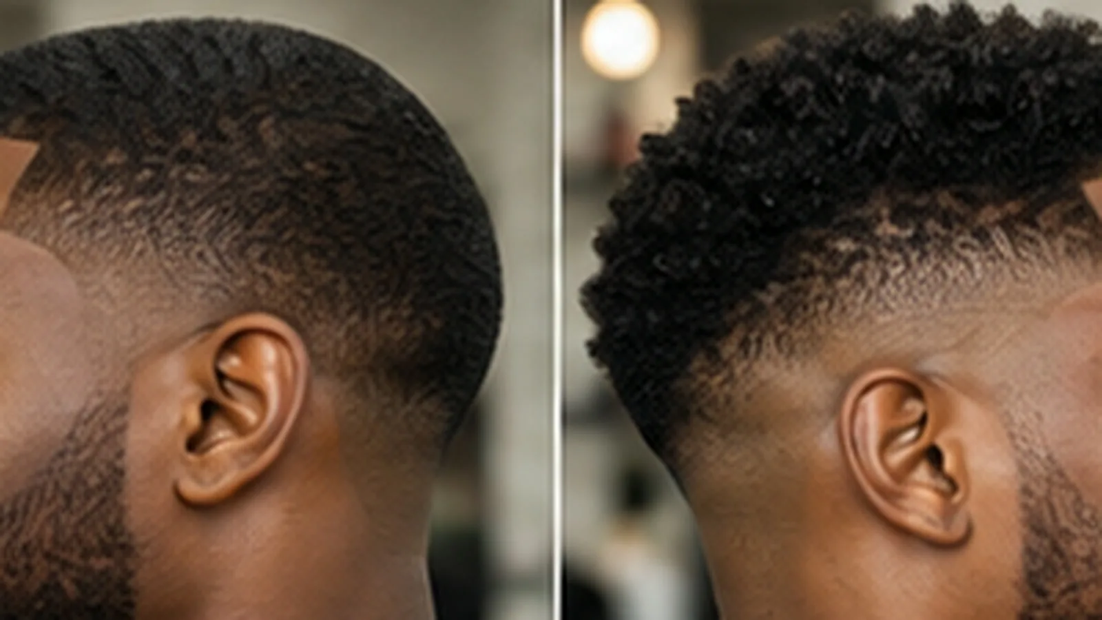 Side-by-side close-up of the backs of two heads showing a taper on the left and a fade on the right.