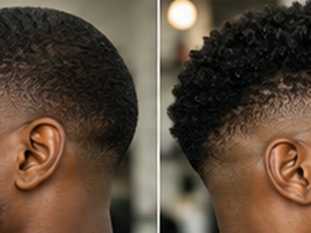 Side-by-side close-up of the backs of two heads showing a taper on the left and a fade on the right.