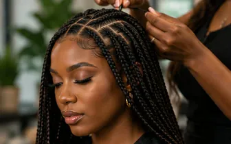 Hair stylist braiding a client's hair into neat box braids.