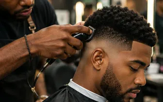 Barber giving a client a fade haircut with clippers in a barbershop.