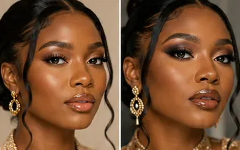 Side-by-side portraits of a woman wearing soft glam makeup and full glam makeup.