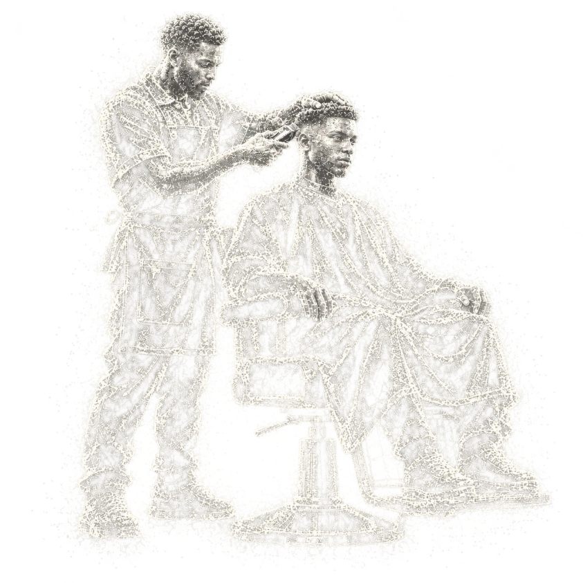 Illustration of a barber giving a client a haircut