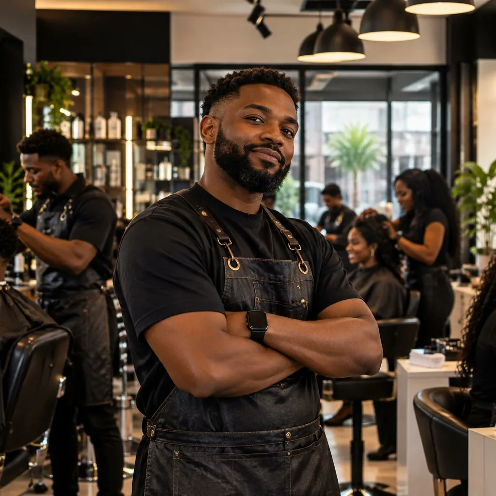 Smiling shop owner in a black apron standing with arms crossed inside a busy barbershop and salon, with barbers, stylists and a nail technician working behind him.